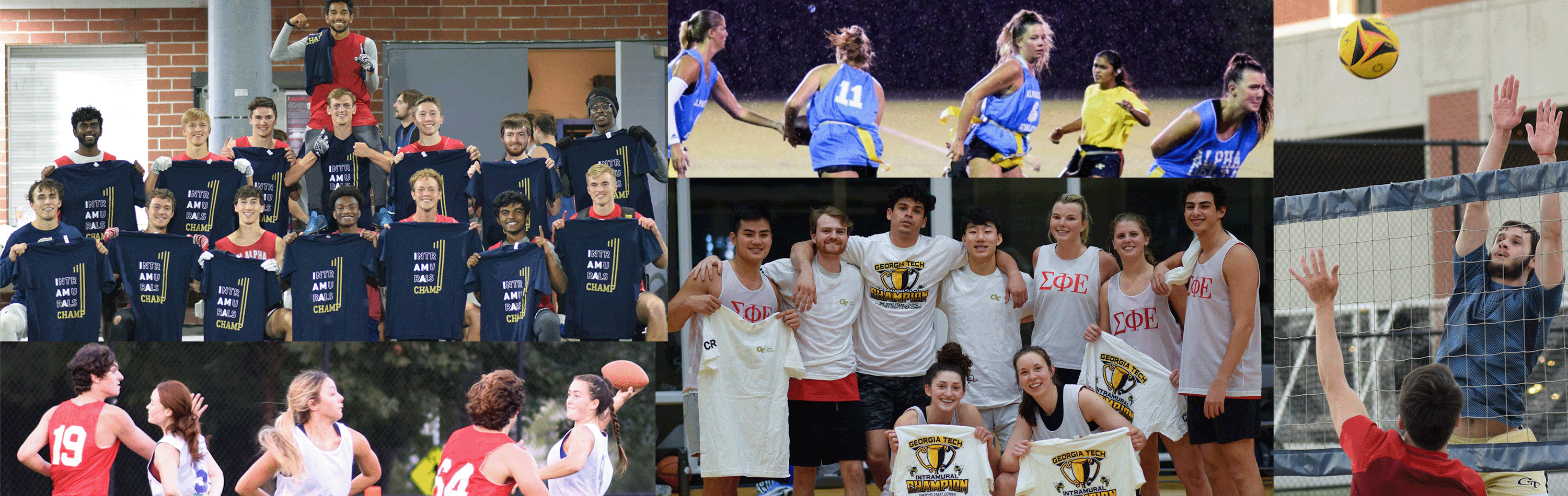 Collage of GT students playing or representing different intramural sports.