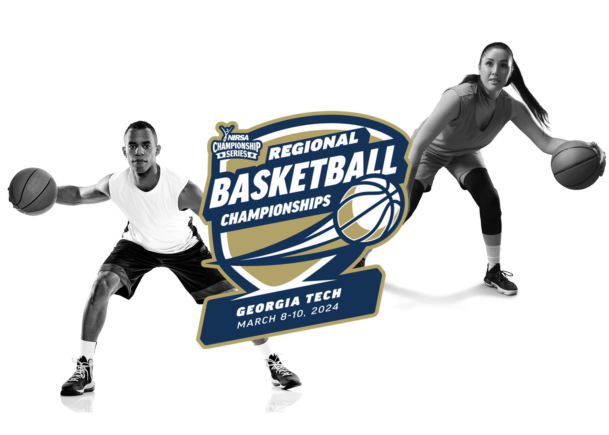 A male and female basketball player behind the NIRSA tournament logo